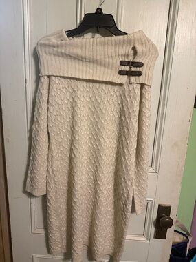 Sandra Darren Cream Off-Shoulder Cable Knit Sweater Dress with Buckle Detail